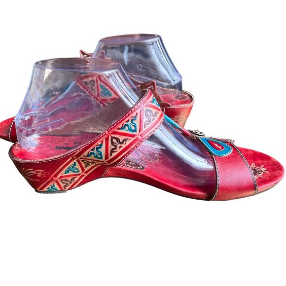 Corky's Haiti Sandals Wedge Size 11 Red Turquoise Leather Floral Slip On Slide - Picture 2 of 8